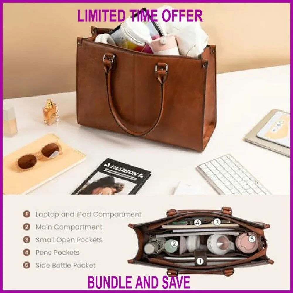 15.6 Inch Laptop Tote Bag, Vintage Vegan Leather, 12 Compartments, Adjustable